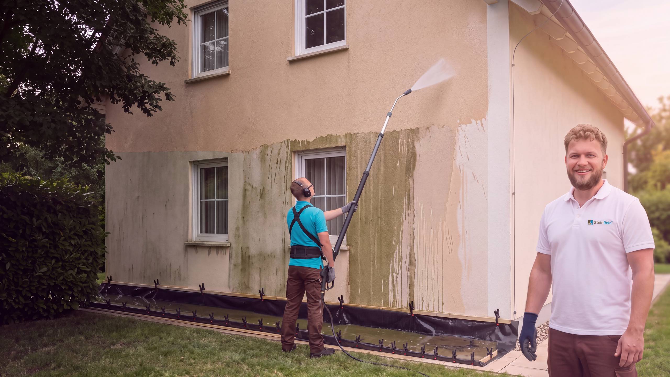 Symbolbild: Fassadenreinigung von oben nach unten – ein SteinRein-Techniker reinigt die Hauswand mit einer Teleskoplanze, das Schmutzwasser sammelt sich in einer Auffangwanne, vorn ein Kundenberater im weißen SteinRein-Polo.