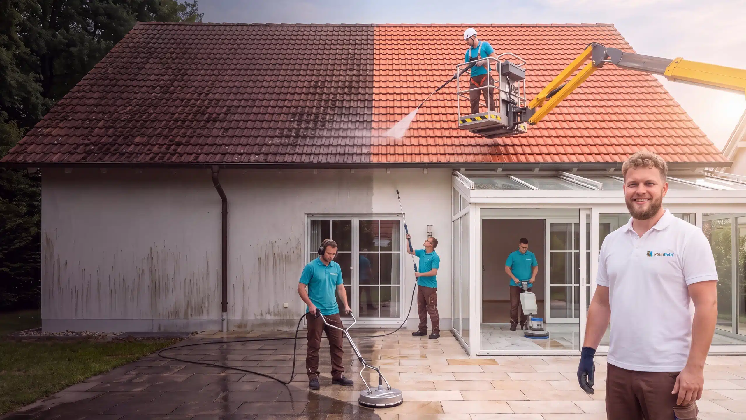 Symbolbild: SteinRein-Techniker reinigen Dach, Fassade und Terrasse eines Hauses und polieren einen Marmorboden im Wintergarten, vorn ein Kundenberater im weissen SteinRein-Polo.