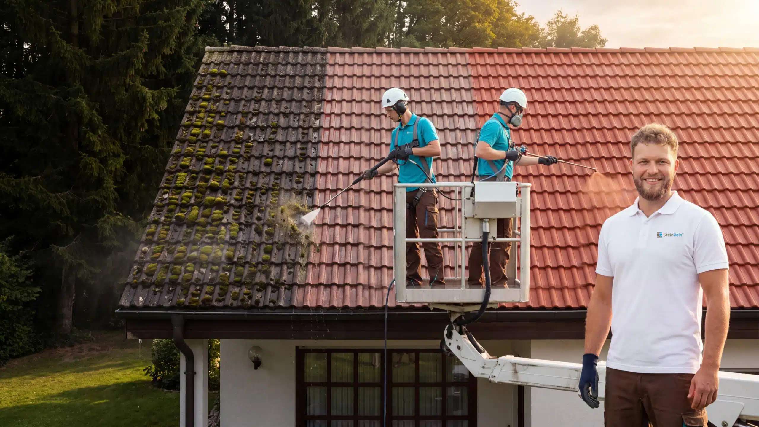 Symbolbild: Dachreinigung mit Dachbeschichtung – zwei SteinRein-Techniker auf einer Hebebühne reinigen ein vermoostes Betondachsteindach mit Hochdruck genau an der Kante zum gereinigten Teil und sprühen eine terrakottarote Dachbeschichtung auf, vorn ein Kundenberater im weissen SteinRein-Polo.