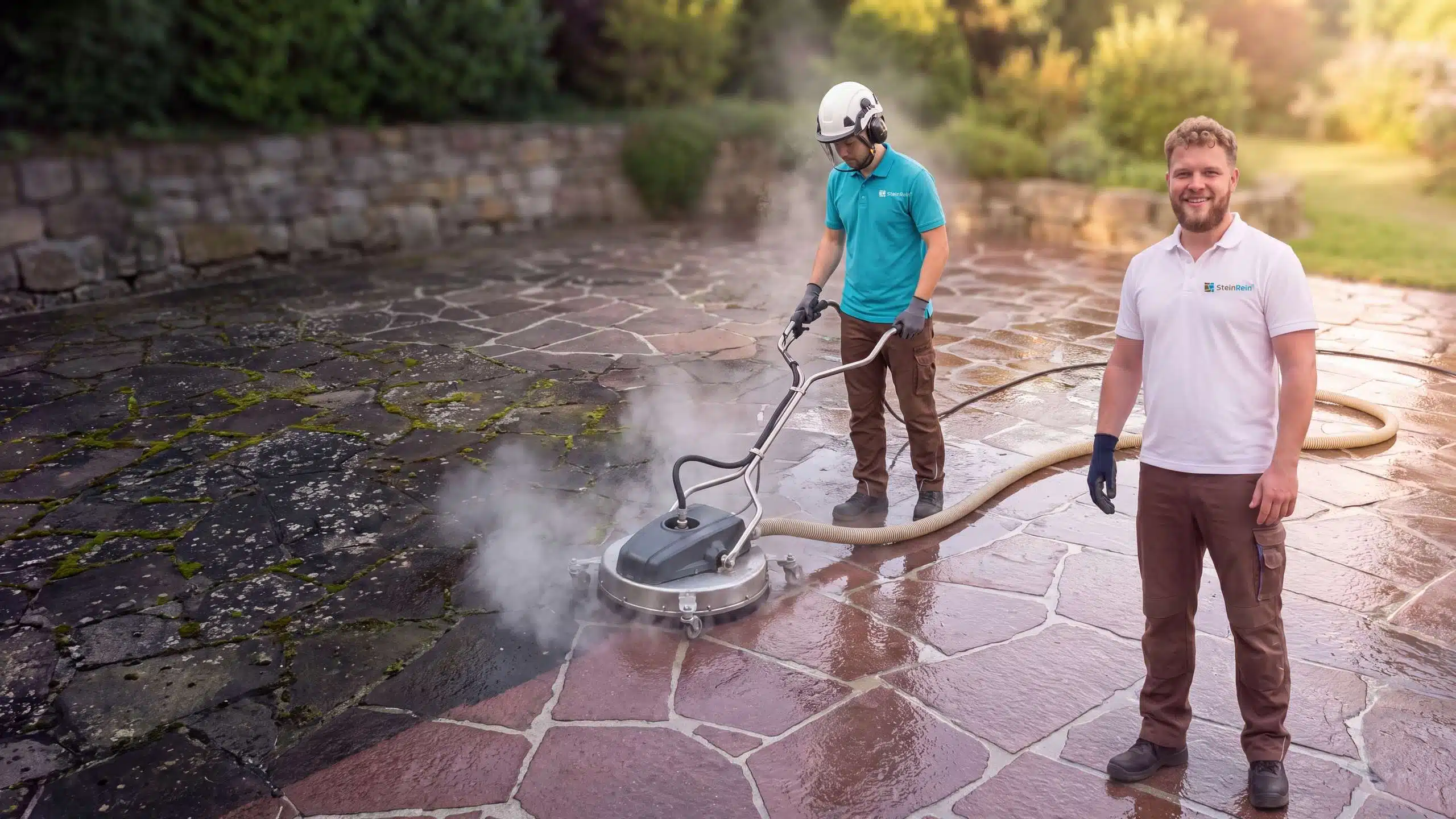 Symbolbild: Steinreinigung mit Heißwasser – ein SteinRein-Techniker reinigt eine Porphyr-Terrasse mit einem Flächenreiniger mit Absaugung, links noch verwittert und vermoost, rechts sauber und nass, vorn ein Kundenberater im weißen SteinRein-Polo.