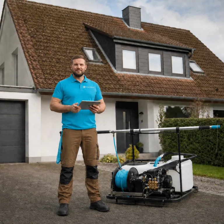 KI-Illustration eines Dachreinigers in SteinRein-Arbeitskleidung mit Blick zur Kamera.