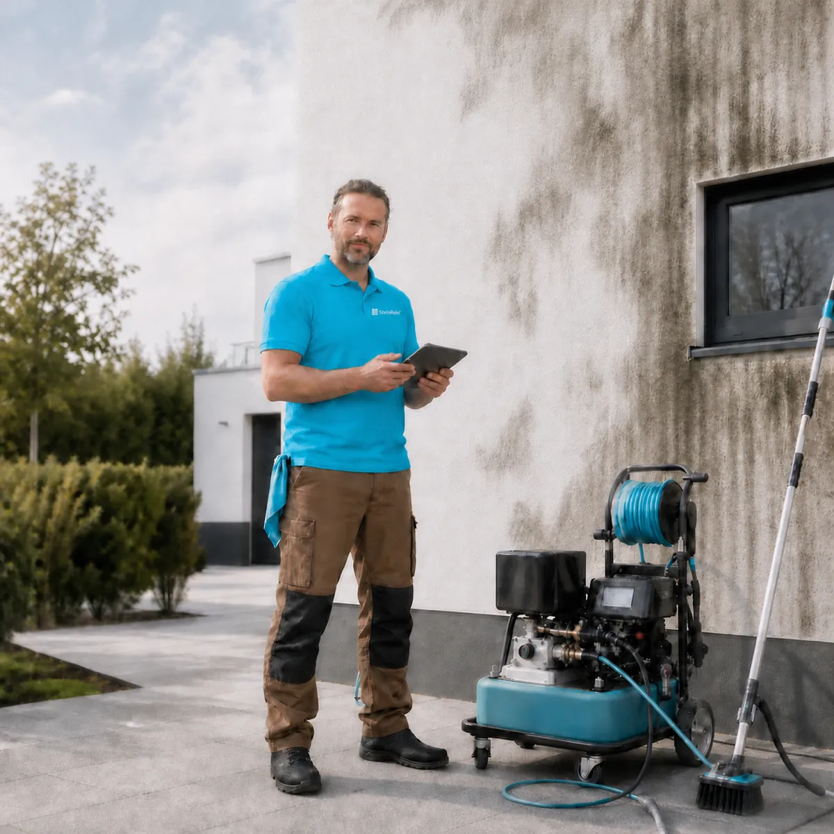 Ilustracja wygenerowana przez sztuczną inteligencję: uśmiechnięty pracownik czyszczący fasadę w turkusowej koszulce polo, brązowych spodniach roboczych, z tabletem obok urządzenia czyszczącego.